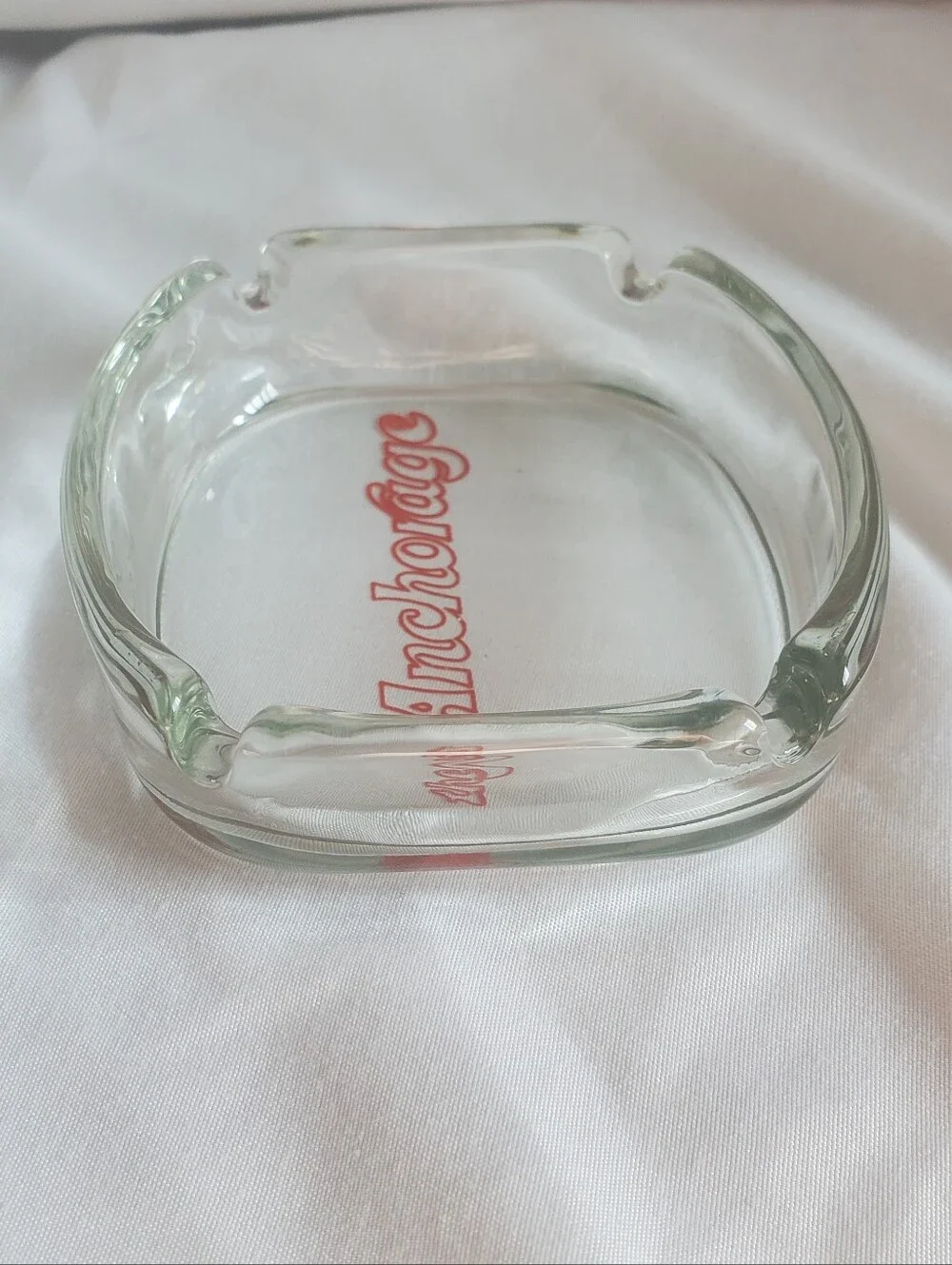The Anchorage Vintage Clear Glass Ashtray with Red Script Logo Retro MCM EUC